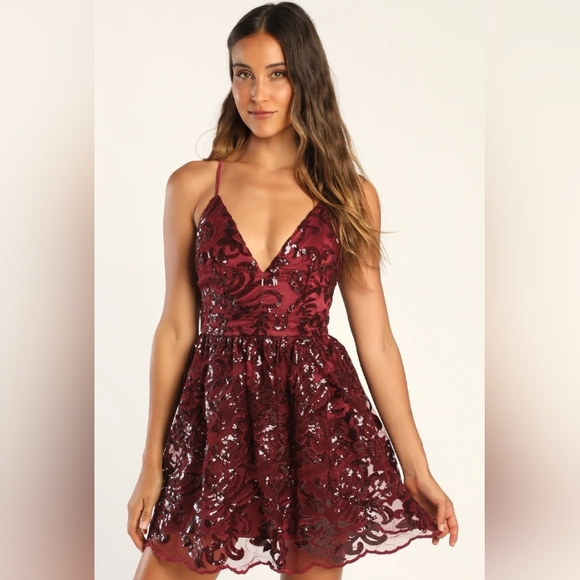 Lulus Dresses & Skirts - NWT Lulu's Sweetest Celebrations Wine Red Sequin Skater Mini Dress Size Medium